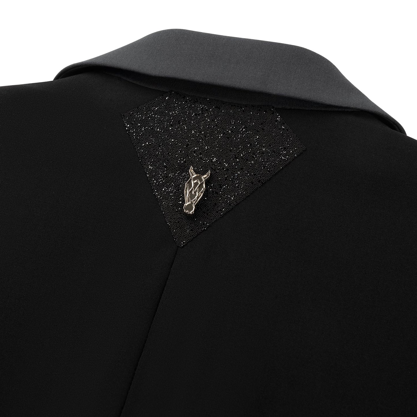 Detail of the back top of JuulC Women's Competition Jacket in Black Diamond, with Swarovski fabric diamond-patch and anthracite grey collar