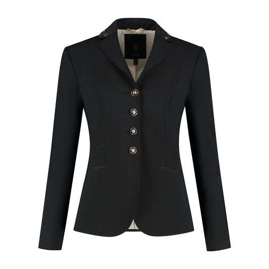 Front of black JuulC Women's Show Coat with glitter fabric accents and Swarovski crystals