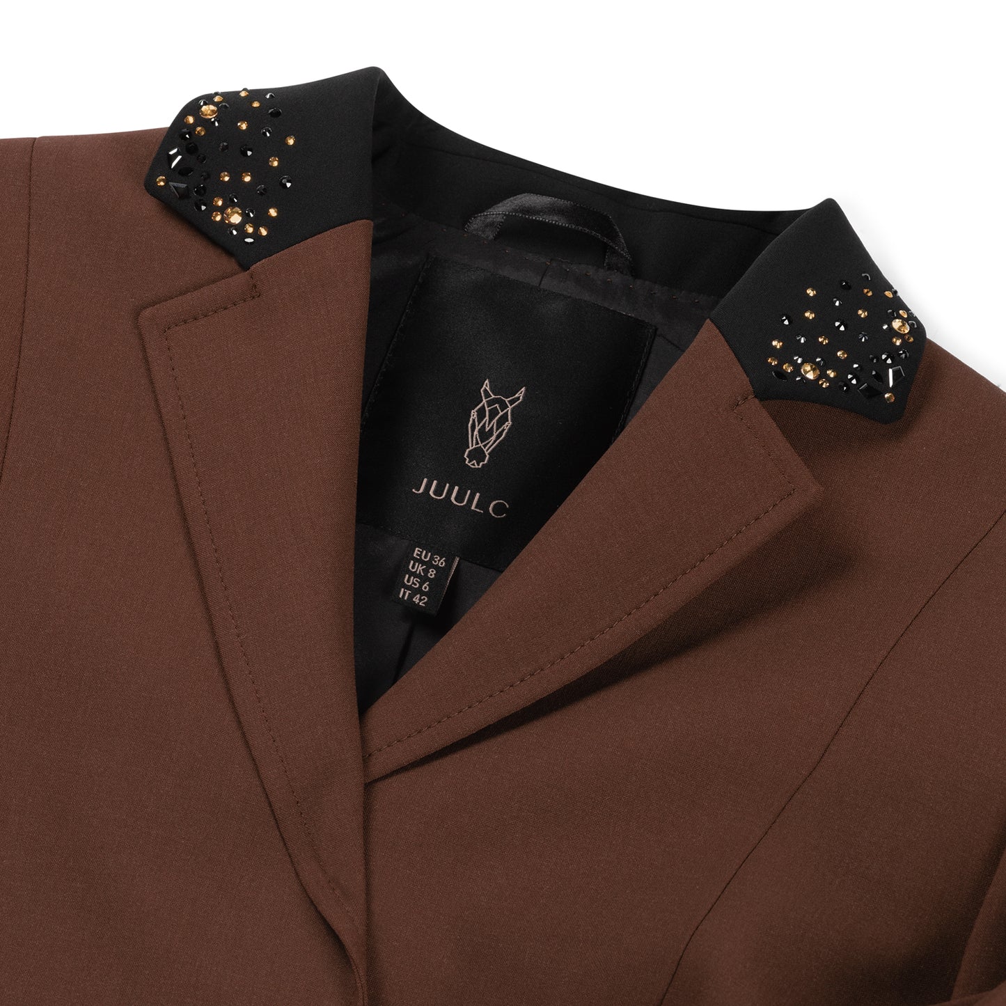 Detail from black collar of JuulC' Golden Espresso Ladies' Competition Jacket with champagne Swarovski crystals