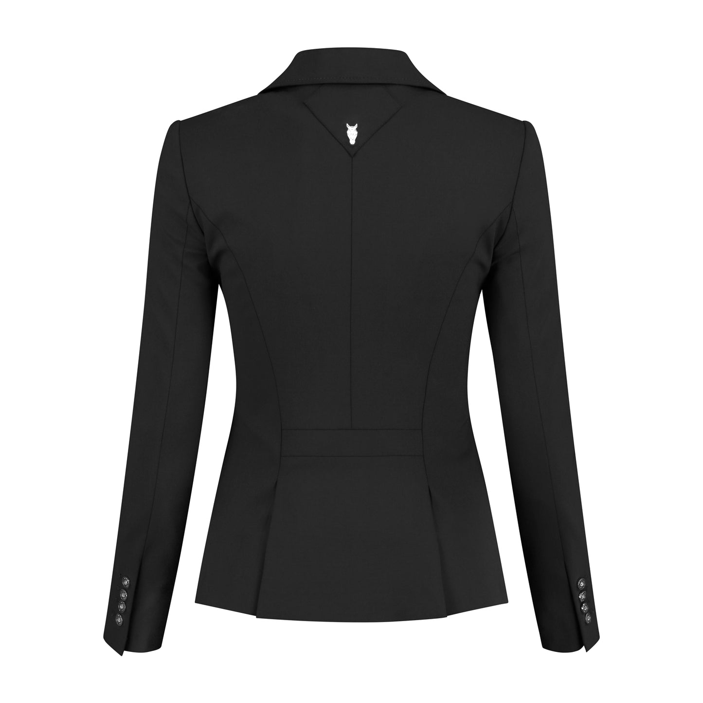 Back of black JuulC Ladies' show coat with tone-on-tone accents and details