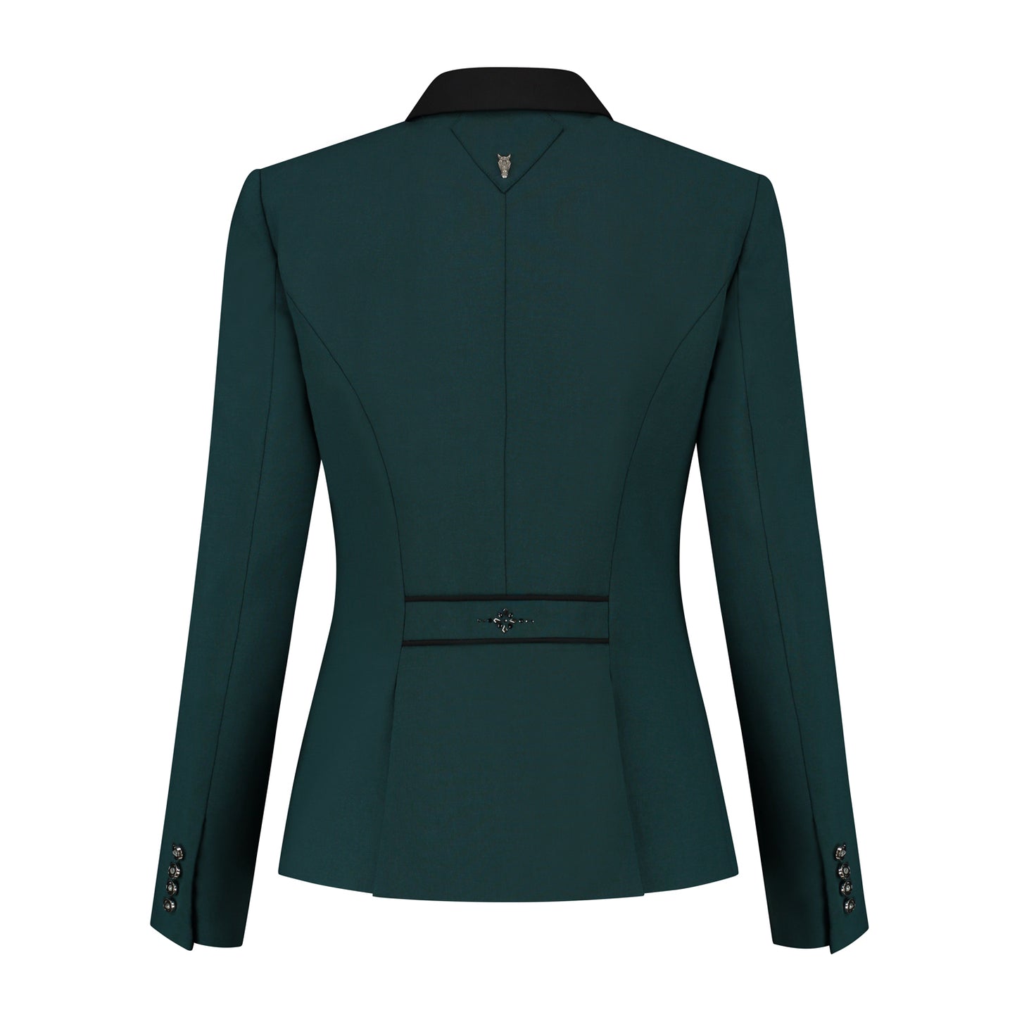 Back of emerald green JuulC Ladies' show coat with black accents and Swarovski design on the back strap