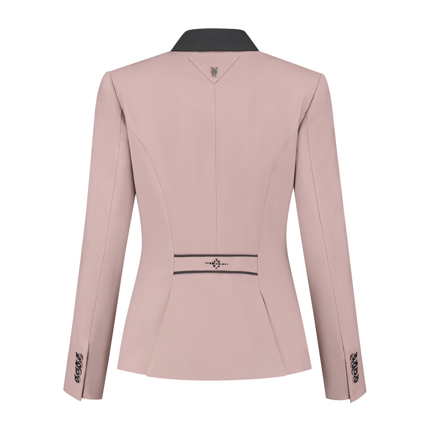 Back of pink JuulC Ladies' show coat with grey accents and Swarovski design on the back strap