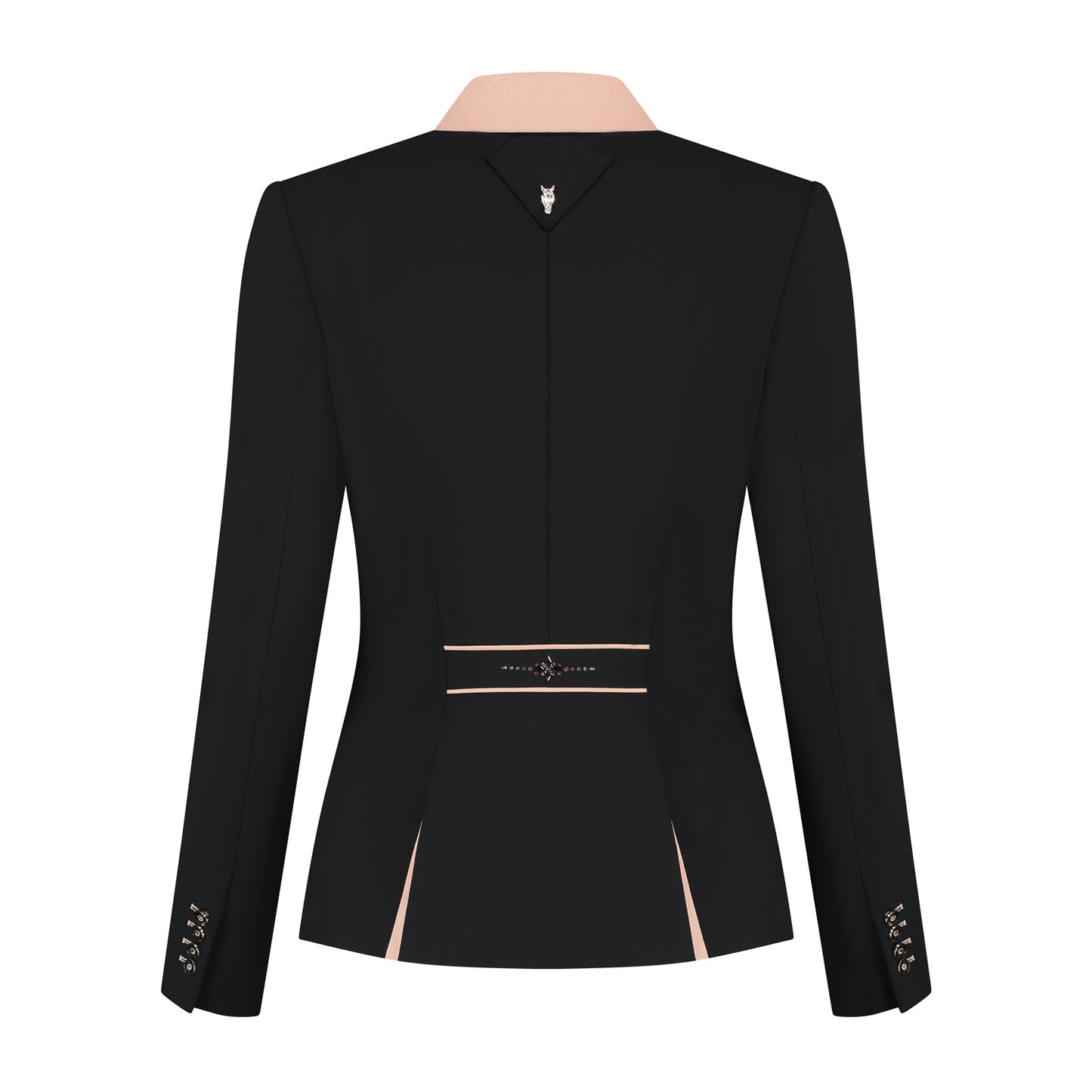 Back of JuulC Women's Show Jacket in black with pink glitter fabric accents and rosegold Swarovski crystal design on the back strap