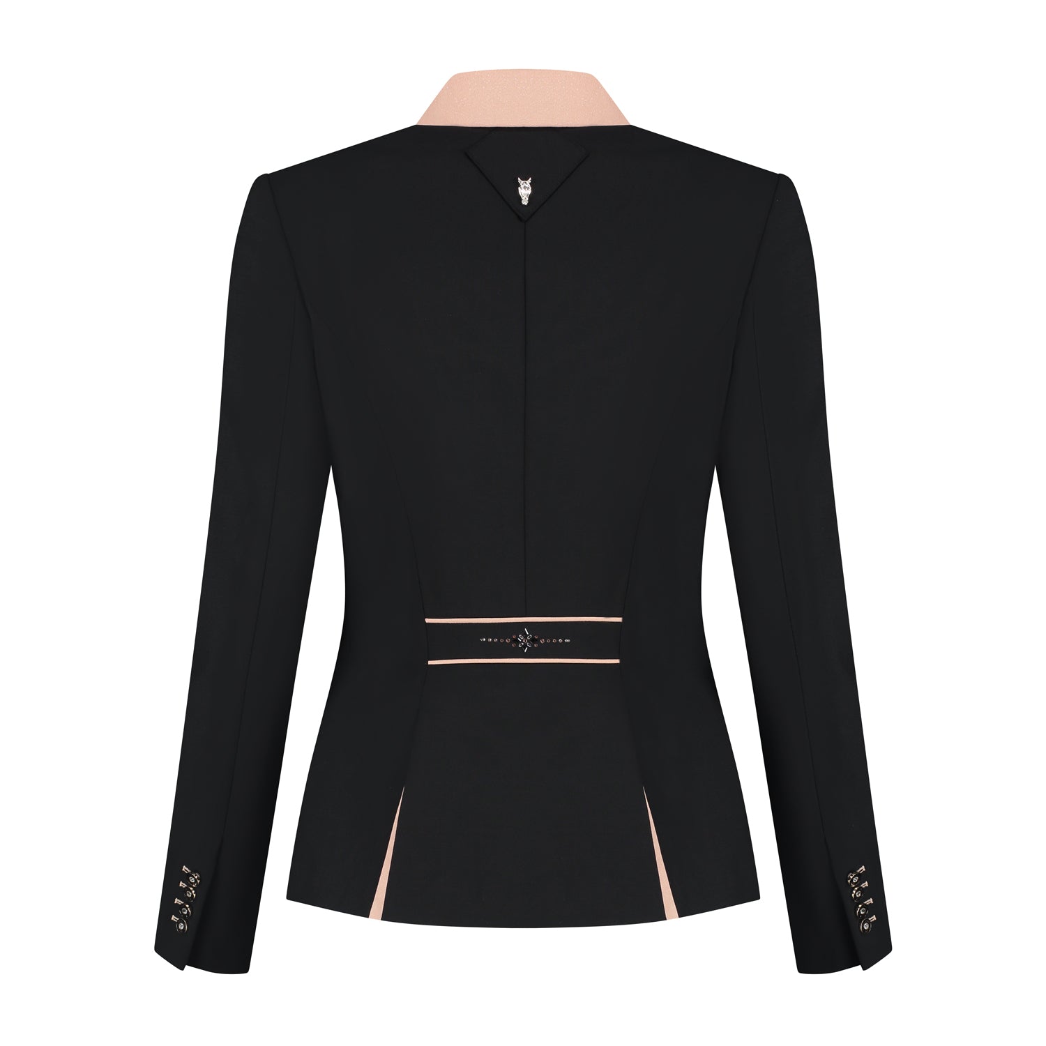 Back of JuulC Women's Show Jacket in black with pink glitter fabric accents and rosegold Swarovski crystal design on the back strap