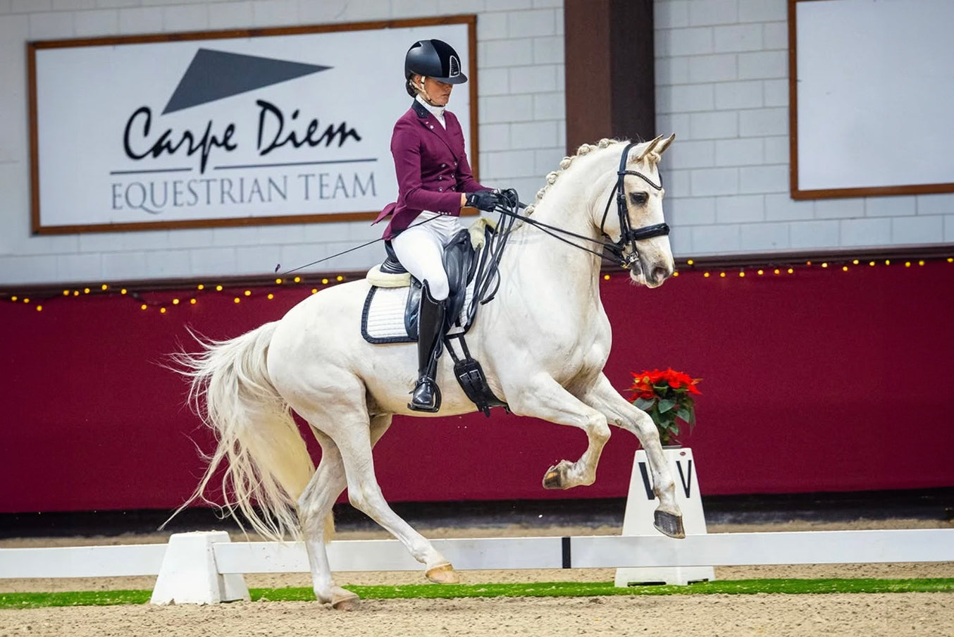 Sandy van der Salm riding her horse in an extended canter at an indoor competition, wearing a short frack from JuulC