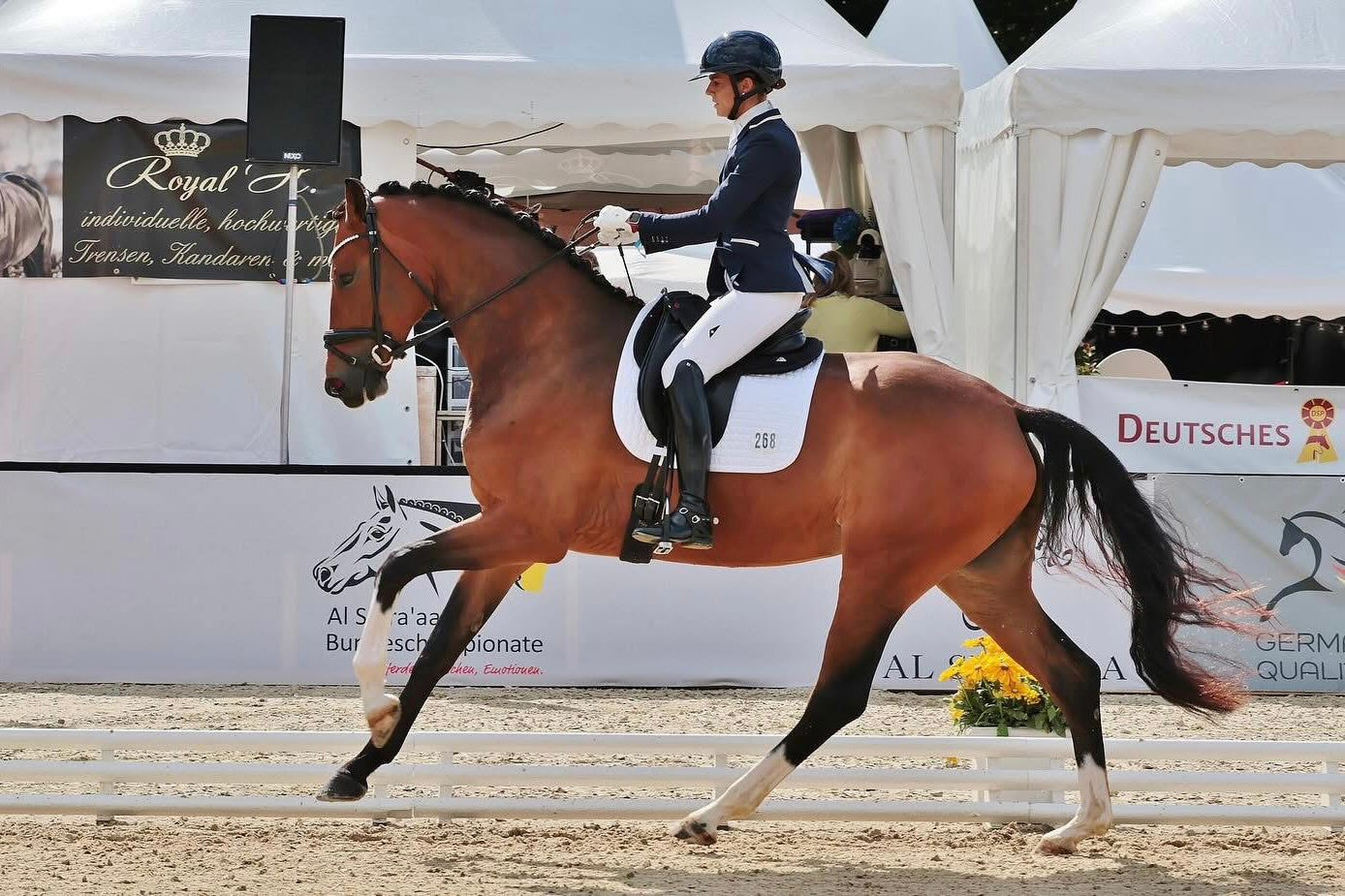 Johanna Klippert cantering with her bay horse at an outdoor competition, in a JuulC show coat
