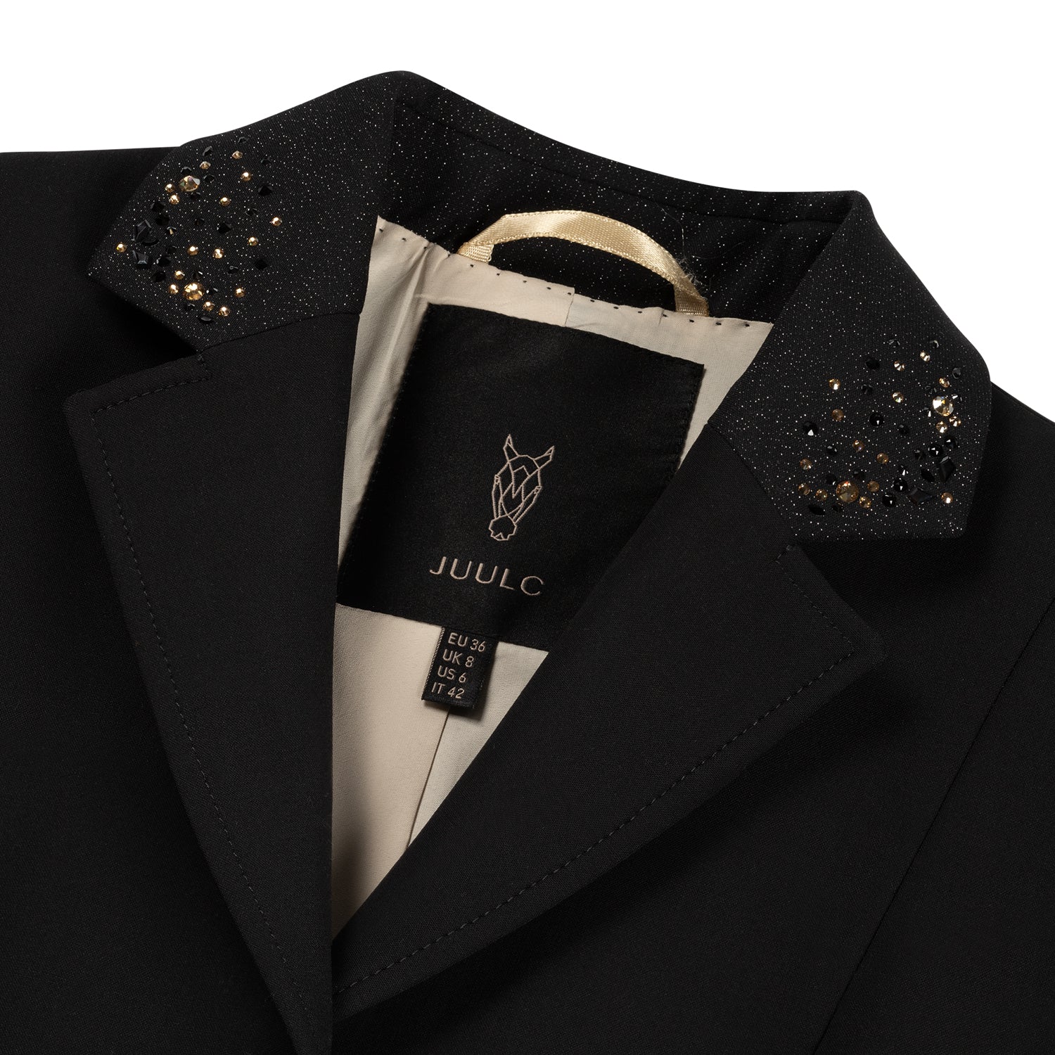 Detail of collar of JuulC Women's Competition Jacket in Black Stardust, made from black glitter fabric and embellished with champagne Swarovski crystals