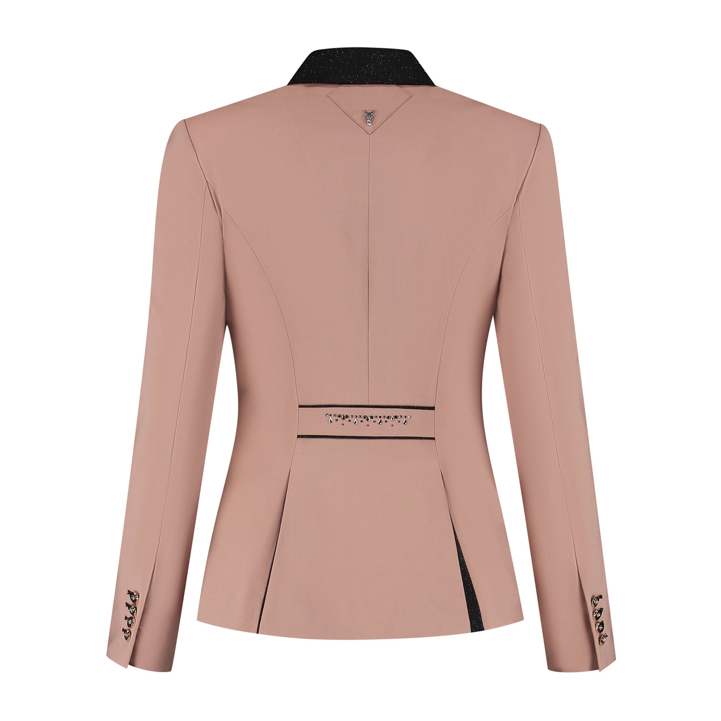 Back of pink JuulC Ladies' show coat with black glitter fabric accents and Swarovski design on the back strap