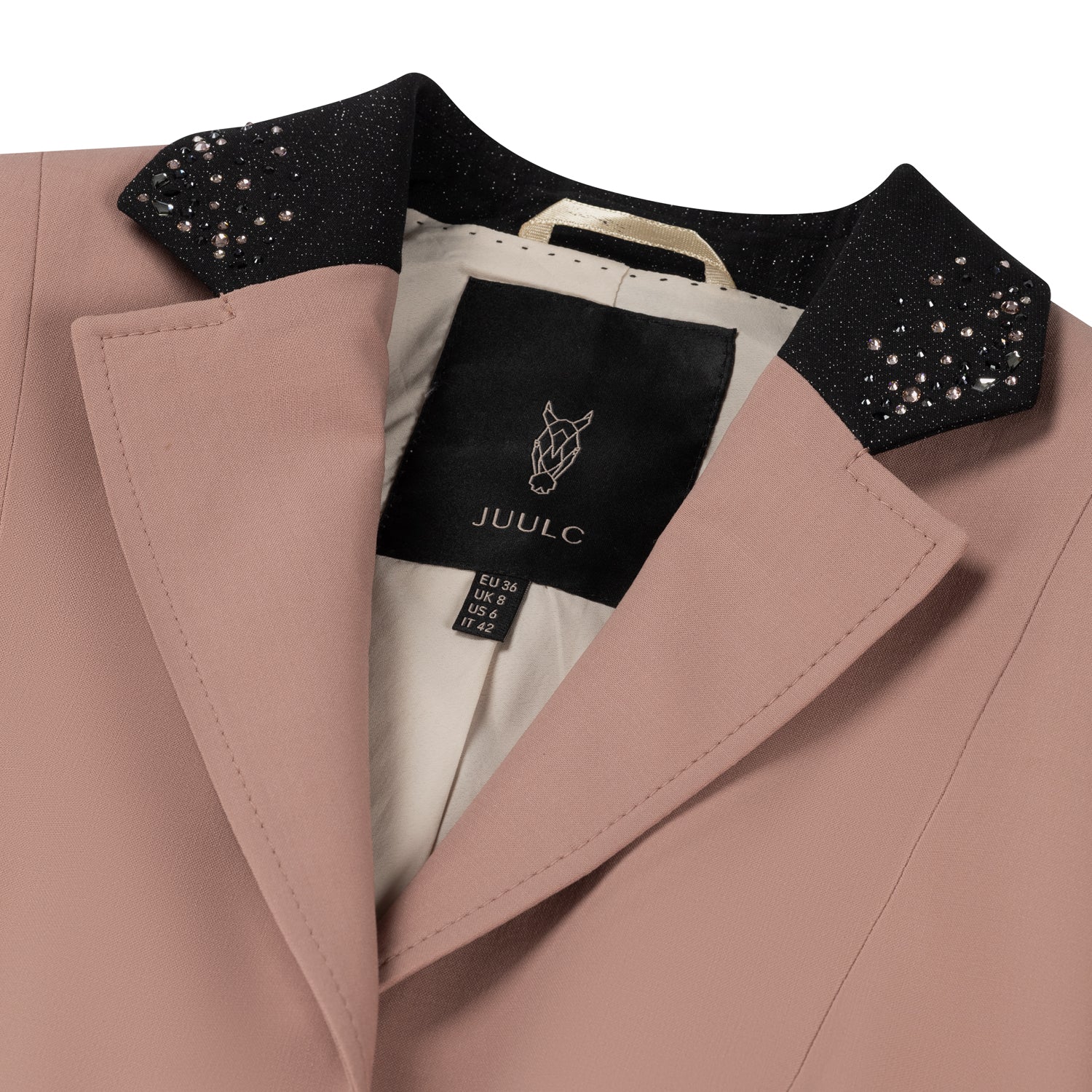 Detail of the black collar of JuulC Women's Competition Jacket in Blush Rose, with glitter fabric and Swarovski crystals