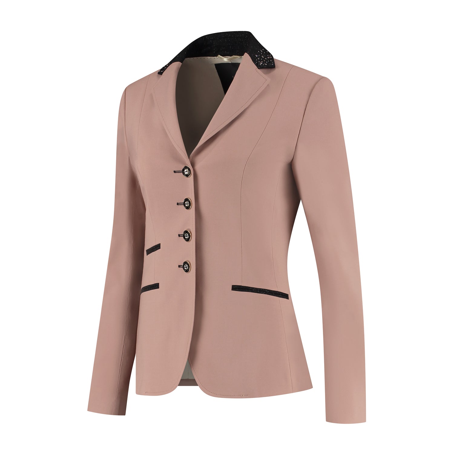 Side of JuulC Ladies' Show Coat in Blush Rose with black glitter accents and pink details