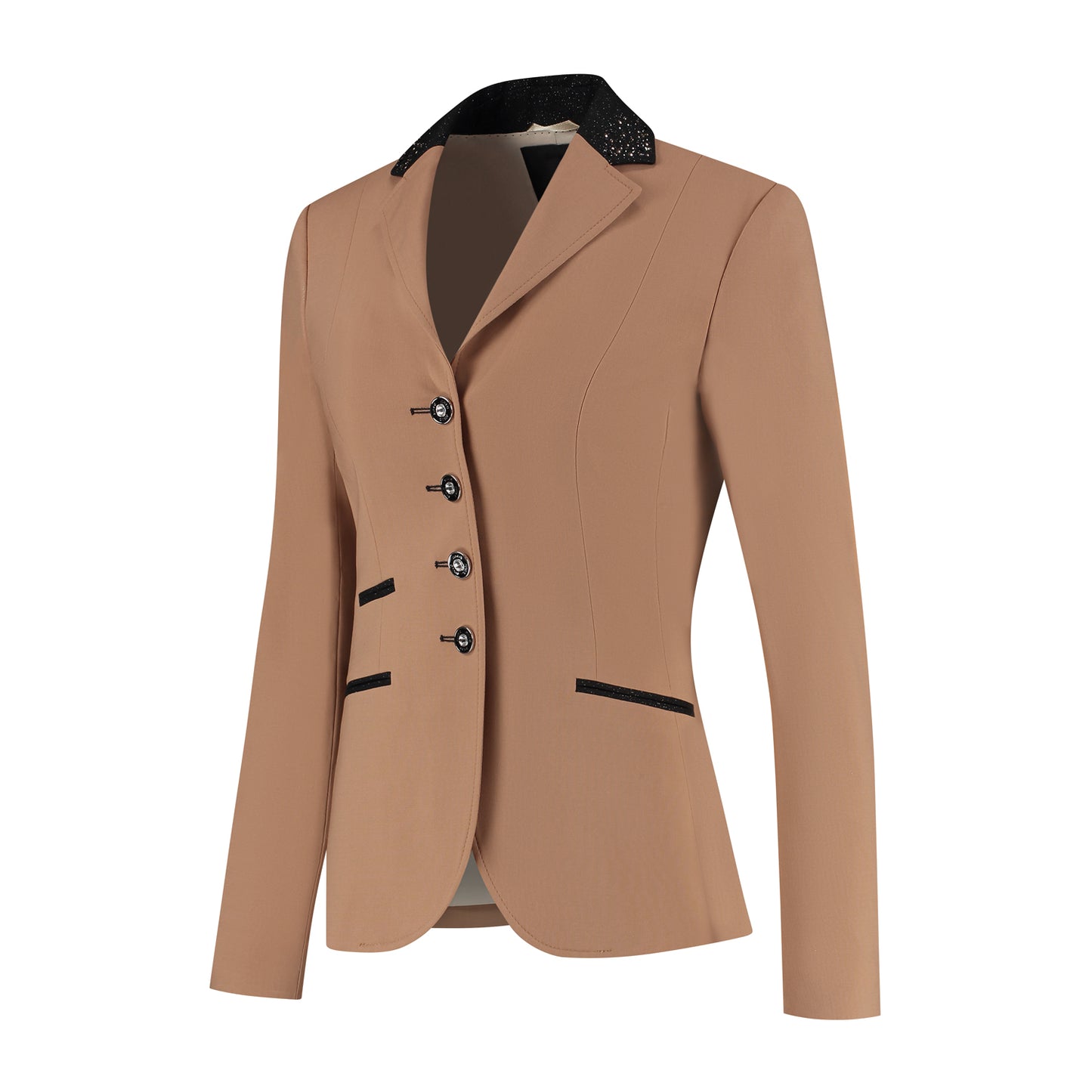 Side of light brown JuulC Ladies' Show Coat in Caramel with black glitter accents and rosegold Swarovski details