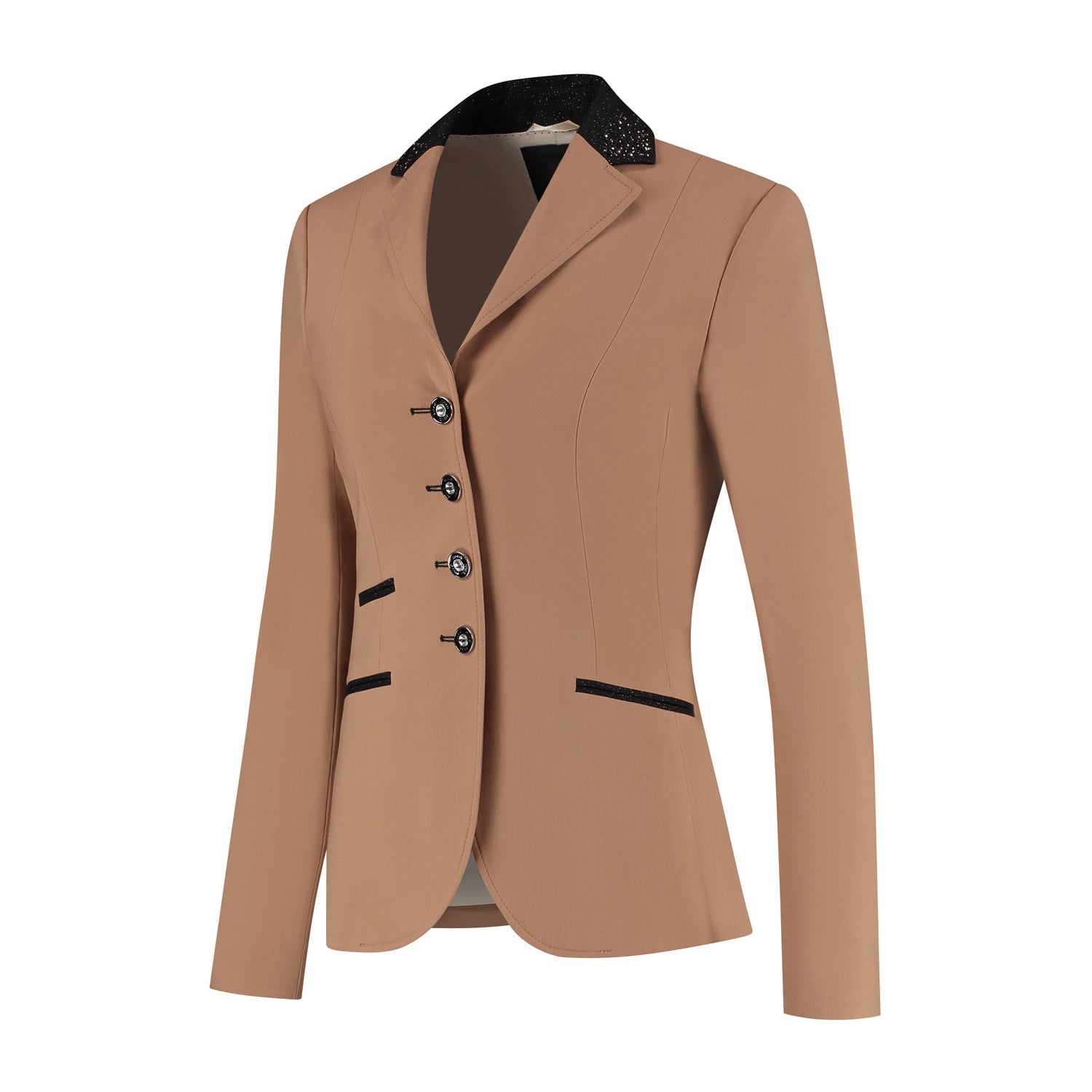 Side of light brown JuulC Ladies' Show Coat in Caramel with black glitter accents and rosegold Swarovski details