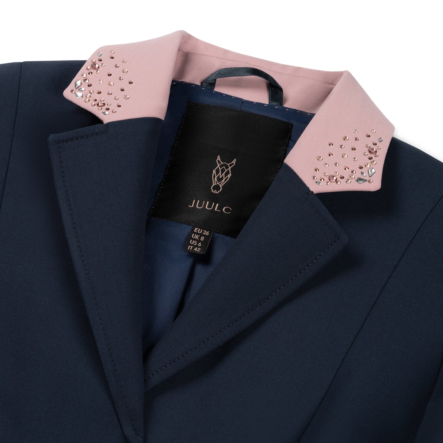 Detail of the pink collar of JuulC' Midnight Powder Ladies' Show Coat with silver, rosegold and pink Swarovski crystals