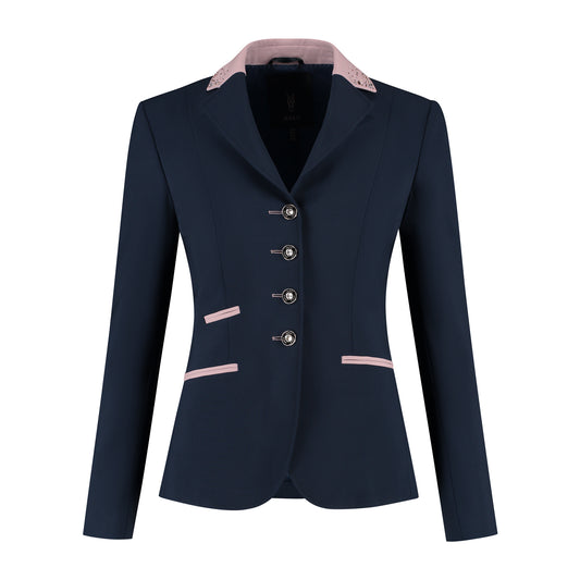 Front of dark blue JuulC Women's Show Coat in Midnight Powder with soft pink accents and silver/rose gold Swarovski crystals