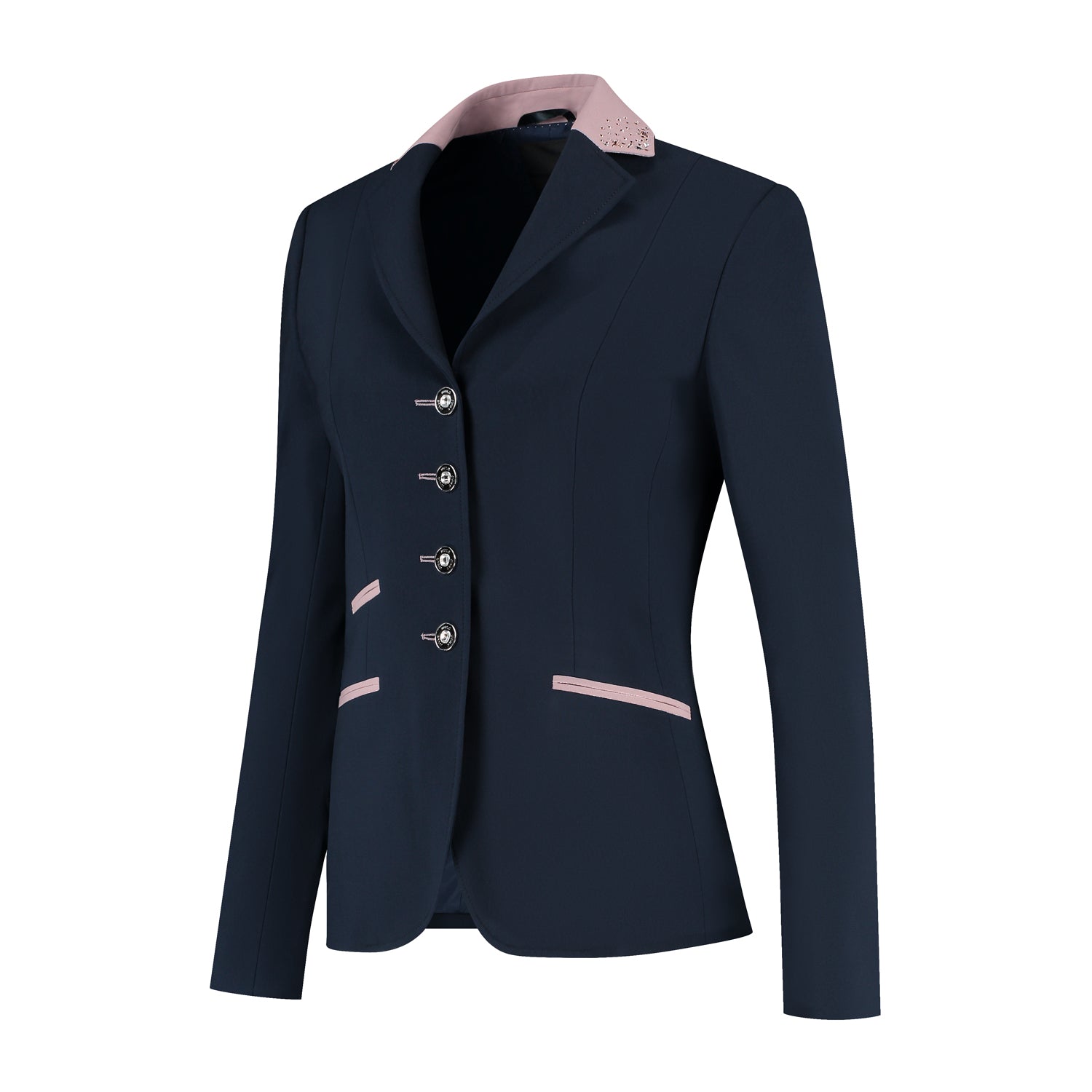 Side of navy JuulC Women's Show Jacket in Midnight Powder with soft pink accents and detailed with silver/rosegold Swarovski design