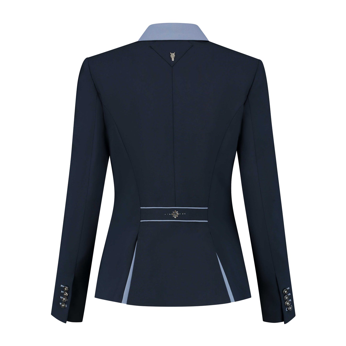 Back of dark blue JuulC Ladies' show coat with light blue accents and Swarovski design on the back strap