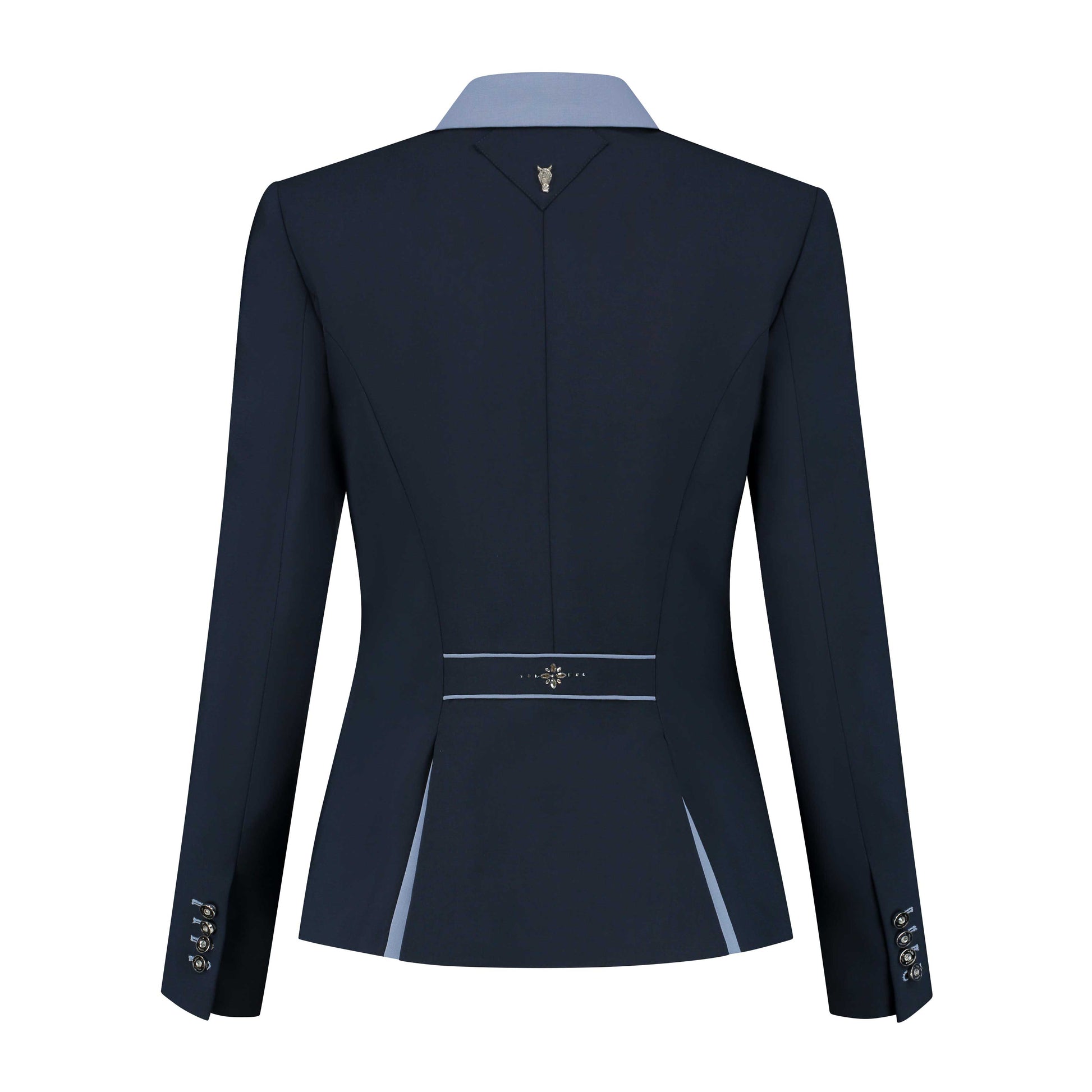 Back of dark blue JuulC Ladies' show coat with light blue accents and Swarovski design on the back strap
