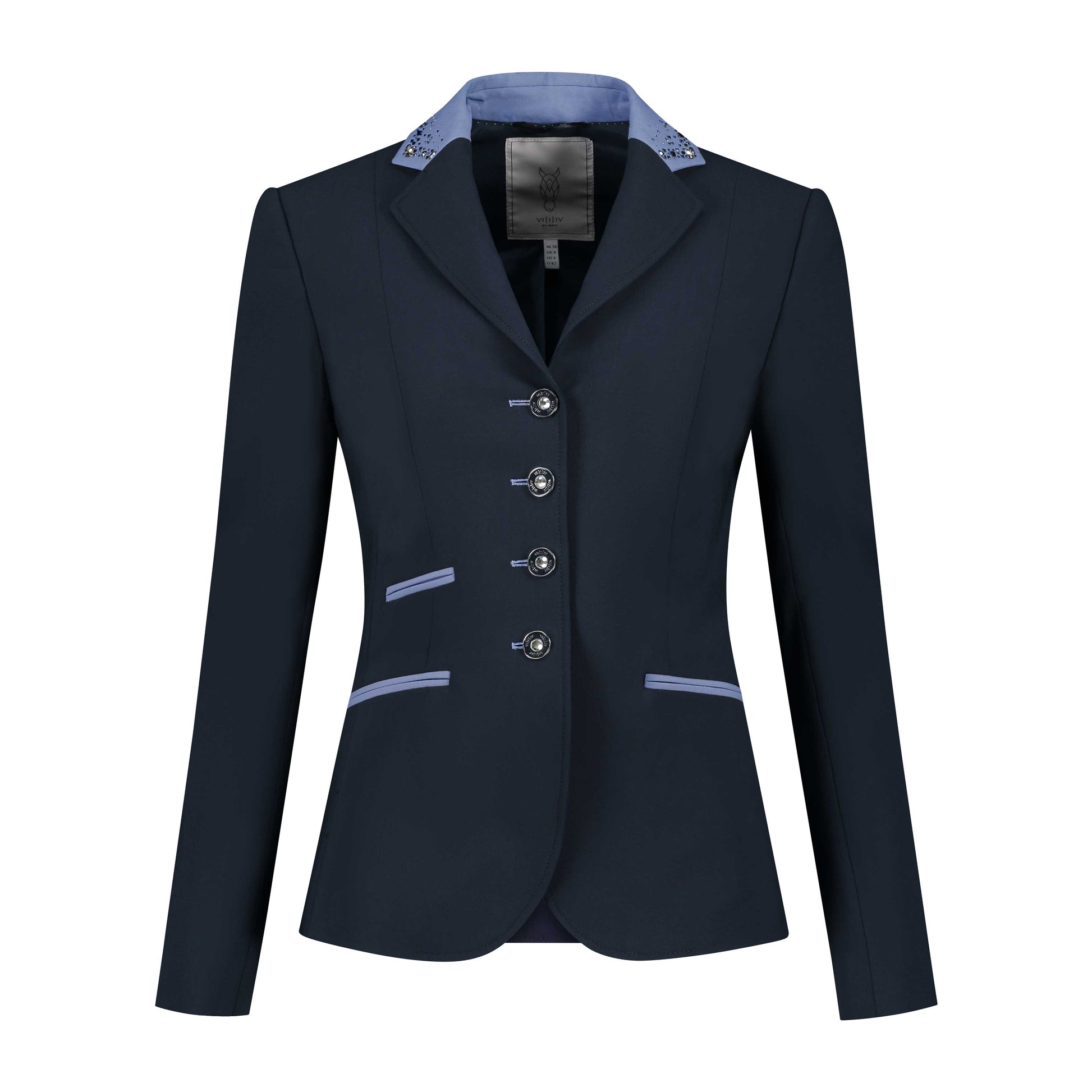 Front of navy JuulC Women's Competition Jacket with light blue accents and Swarovski crystals