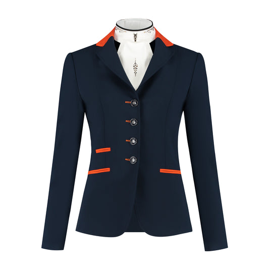 Front of navy JuulC Women's Show Coat with orange accents and Swarovski crystals