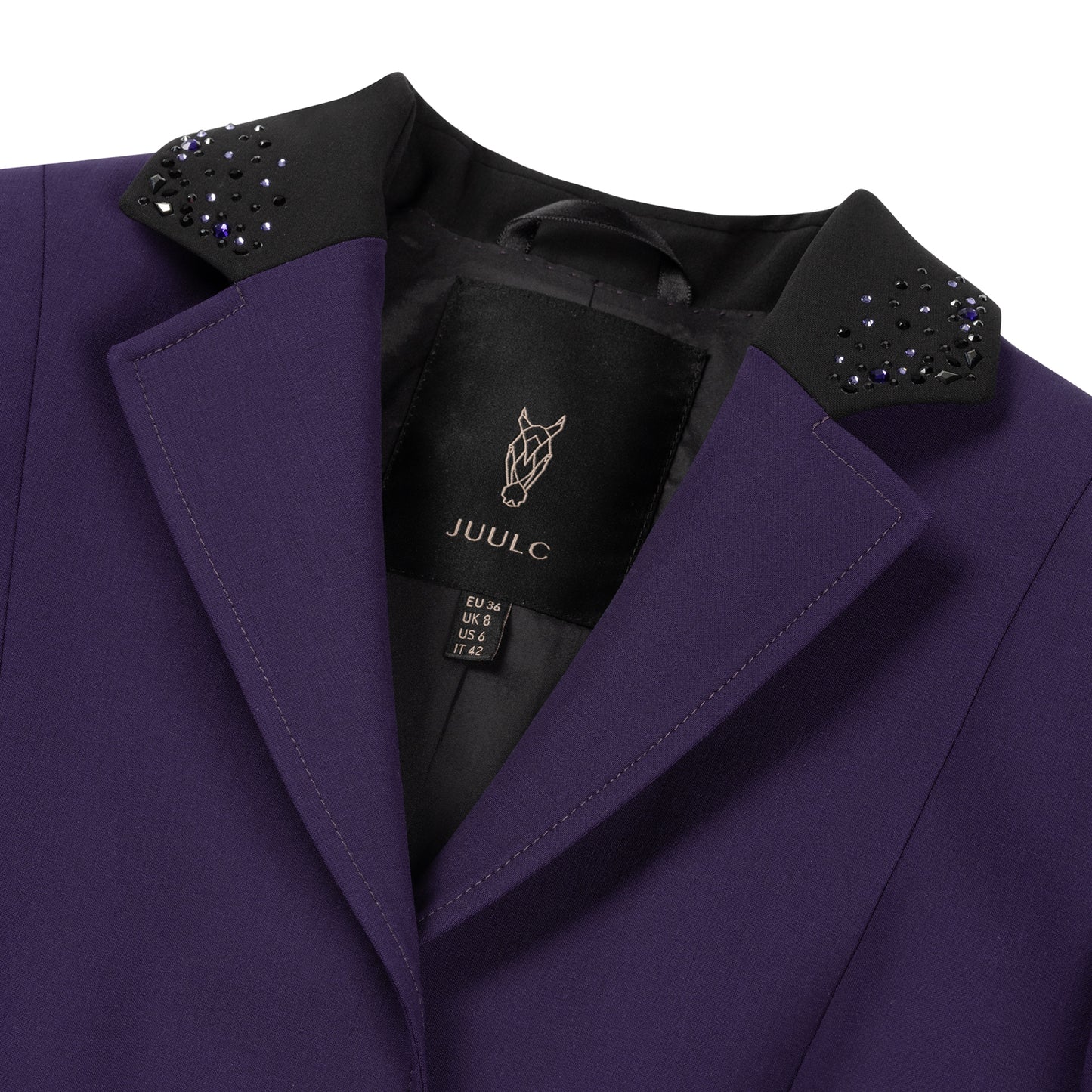 Detail of black collar of JuulC' Ladies' Show Coat in purple embellished with black Swarovski crystals