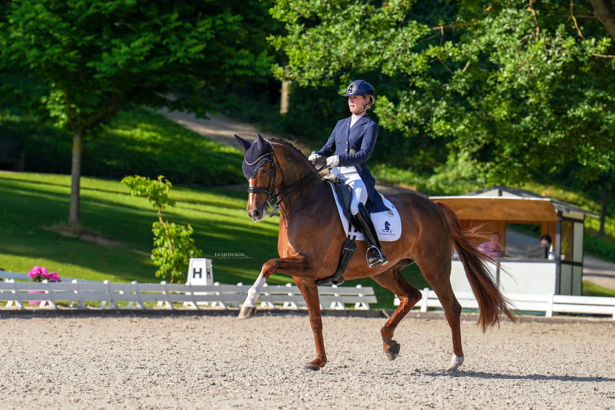 Rider showing an extended trot during their dressage test in an outdoor arena, wearing a JuulC dressage tailcoat 