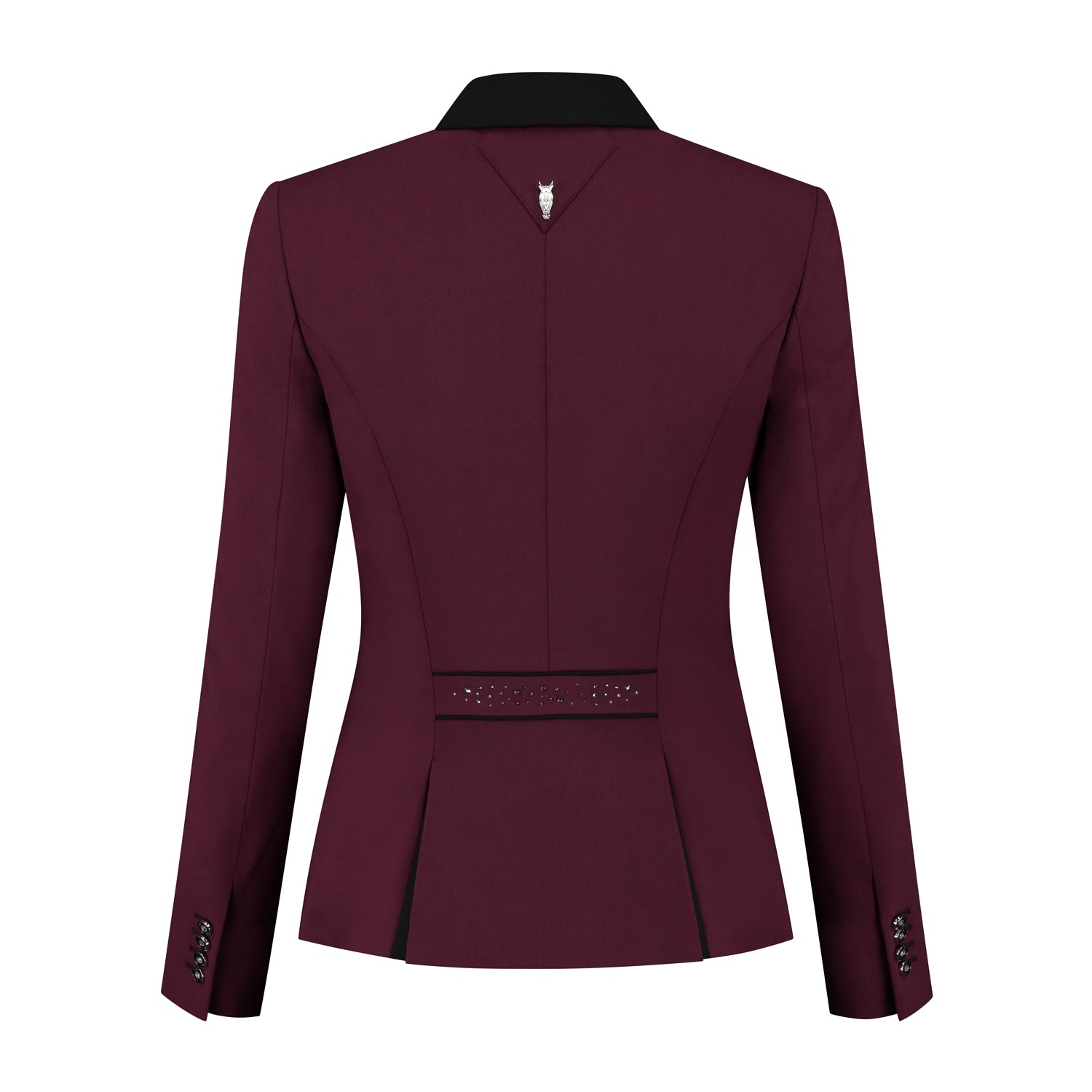 Back of burgundy red JuulC Ladies' show coat with black accents and Swarovski design on the back strap