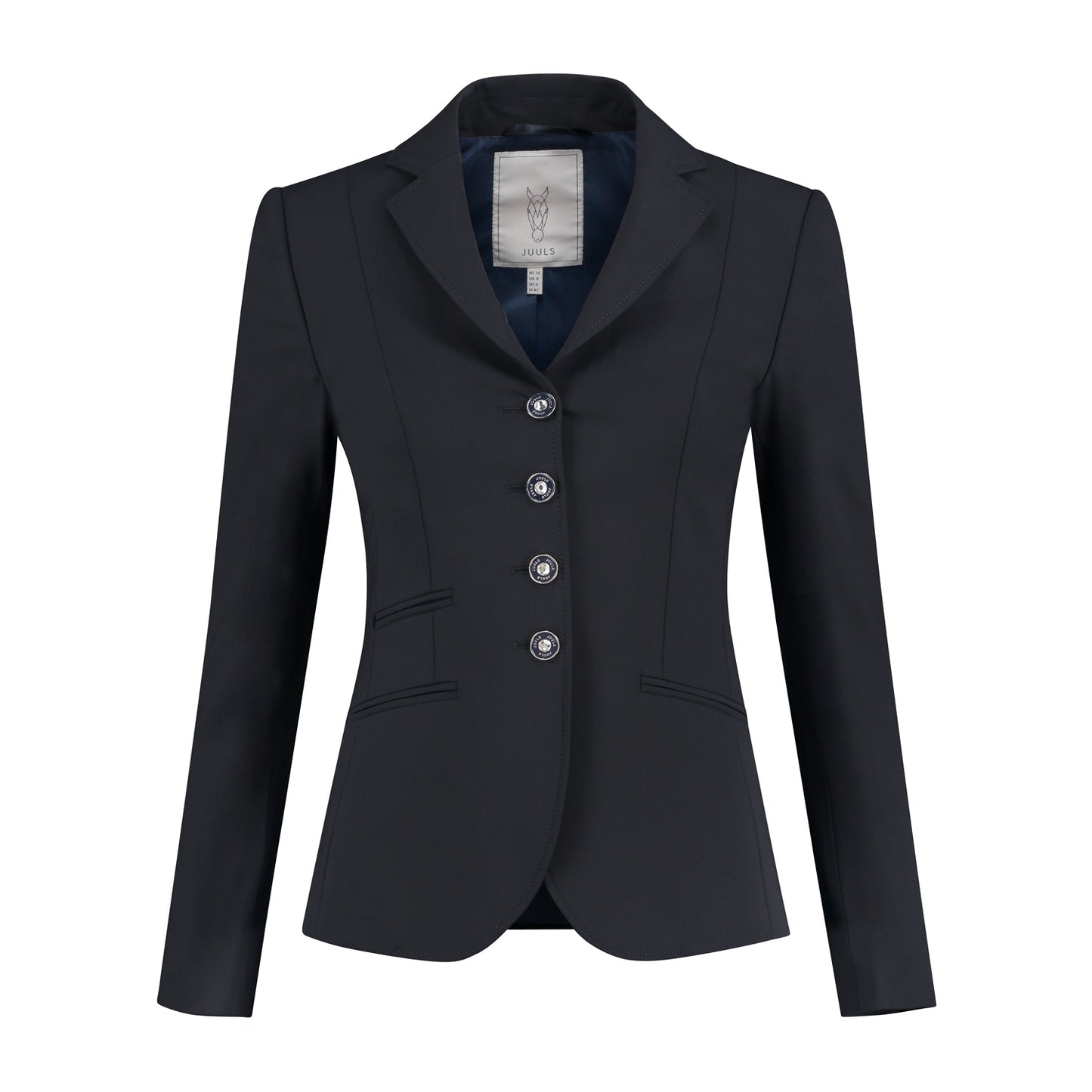 Front of navy JuulC Women's Competition Jacket with tone-on-tone accents in dark blue