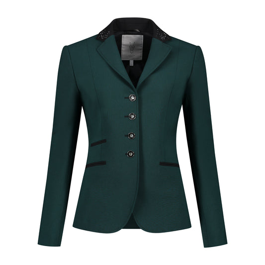 Front of emerald green JuulC Women's Show Coat with black accents and Swarovski crystals