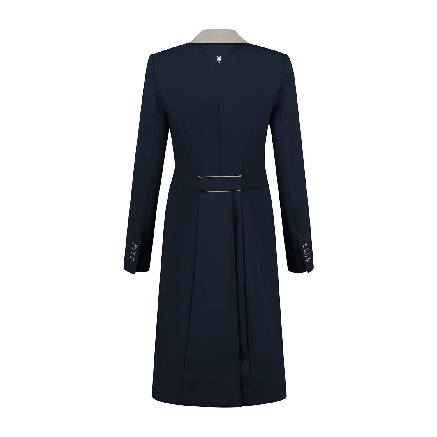 Back of navy JuulC Ladies' dressage tailcoat with taupe accents and back strap